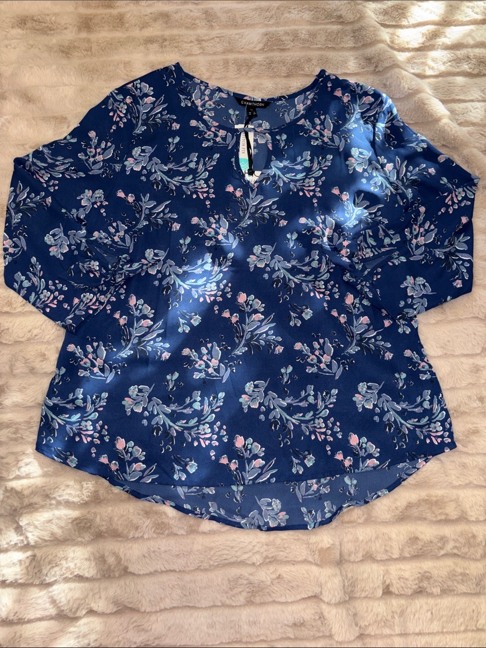 Worthington Navy Floral Keyhole Tunic with Pink Accents